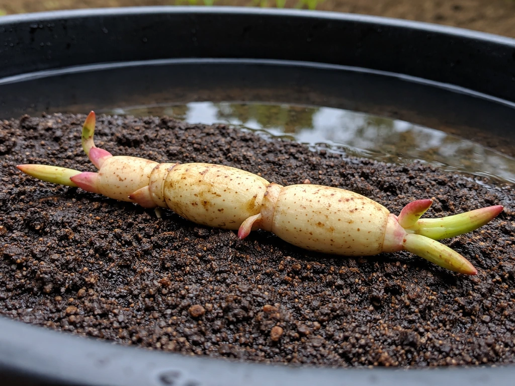 Close-up of a lotus tuber laid horizontally on moist soil in an aquatic container, lightly pressed in.