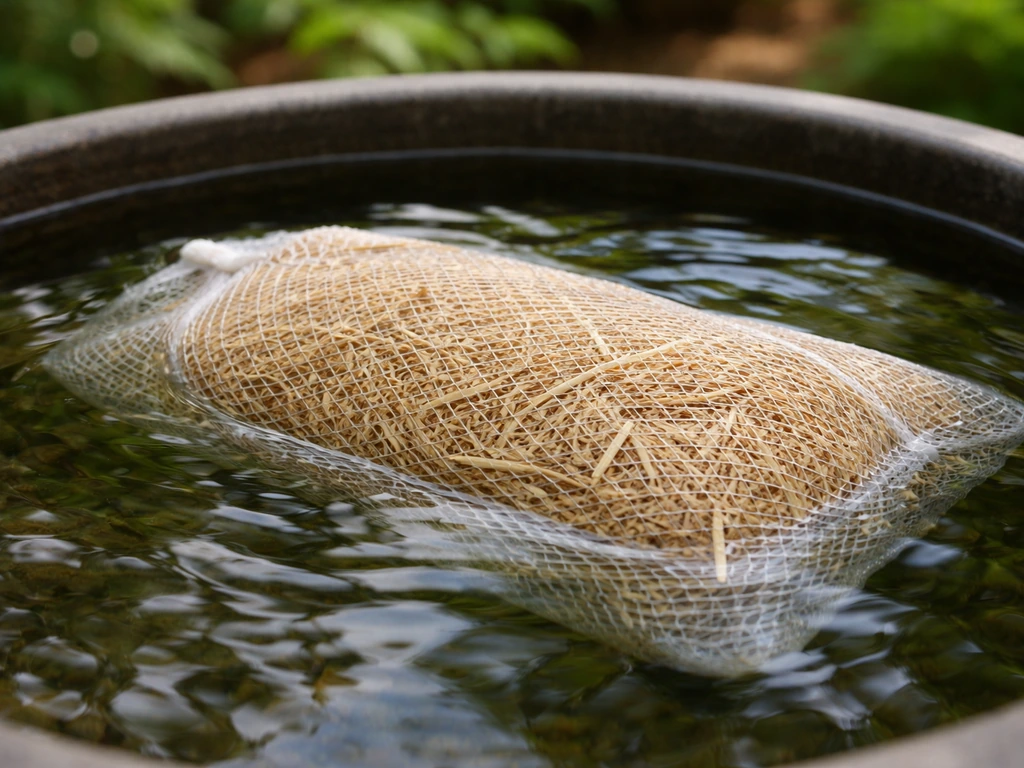 Mesh bag of barley straw near the water surface in a backyard water garden with clear water contrast