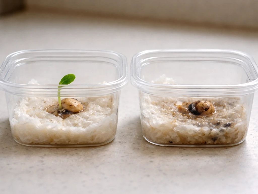 Two small clear containers side by side: one shows a healthy sprouting seedling, the other shows a rotting seed with no