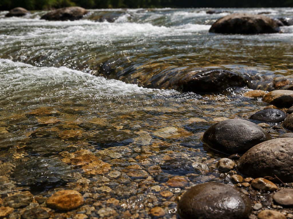 Fast, clear river water running over rocky shoals with boulders and gravel in sharp focus.
