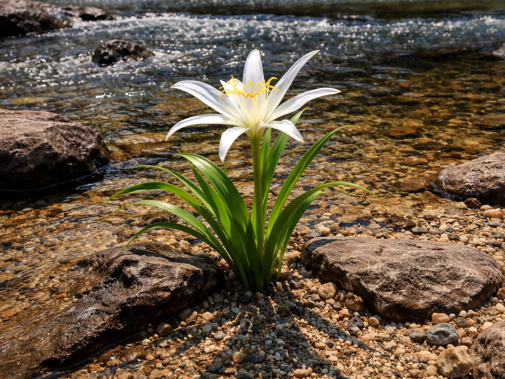 Cahaba lily growing in sunny river shoal gravel with rocky crevices and clear shallow water