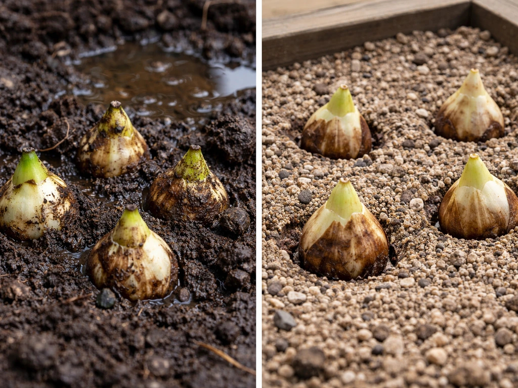 Left: waterlogged lily bulbs rotting in winter soil; right: healthy bulbs in fast-draining raised bed.