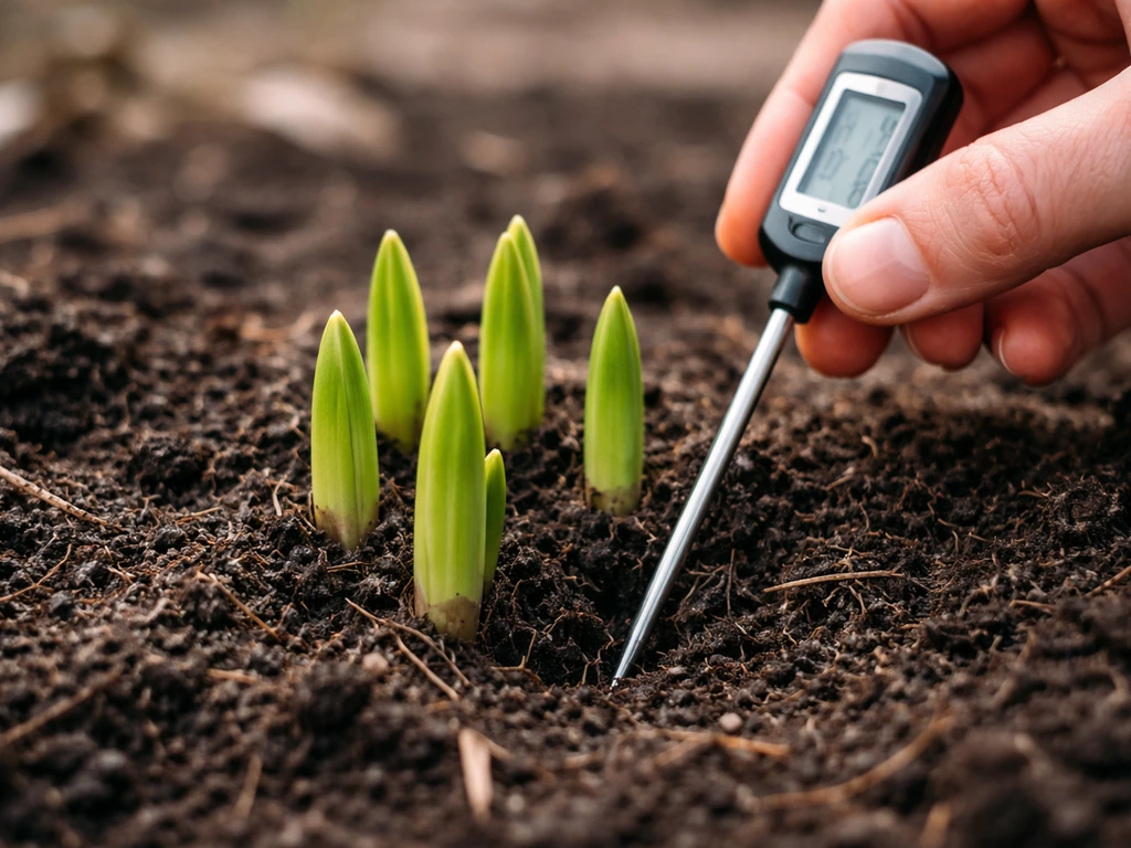 Hand gently checks soil with a thermometer near emerging true lily shoots in thawed garden soil.