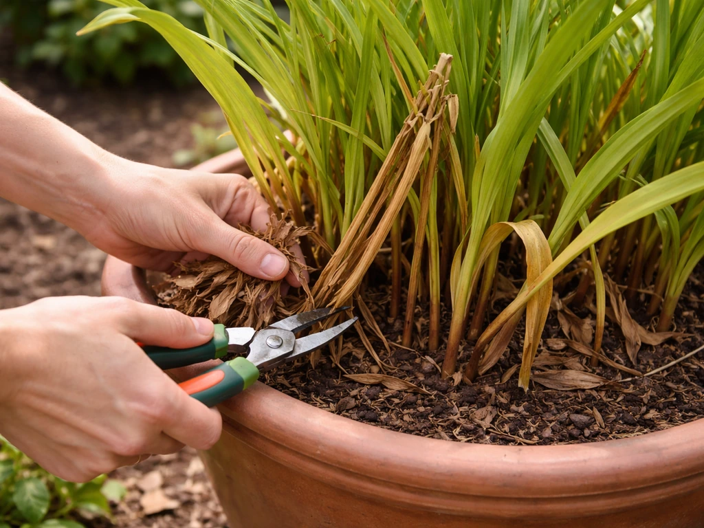 Hands trimming browned lily stems from green foliage in a garden pot after flowering