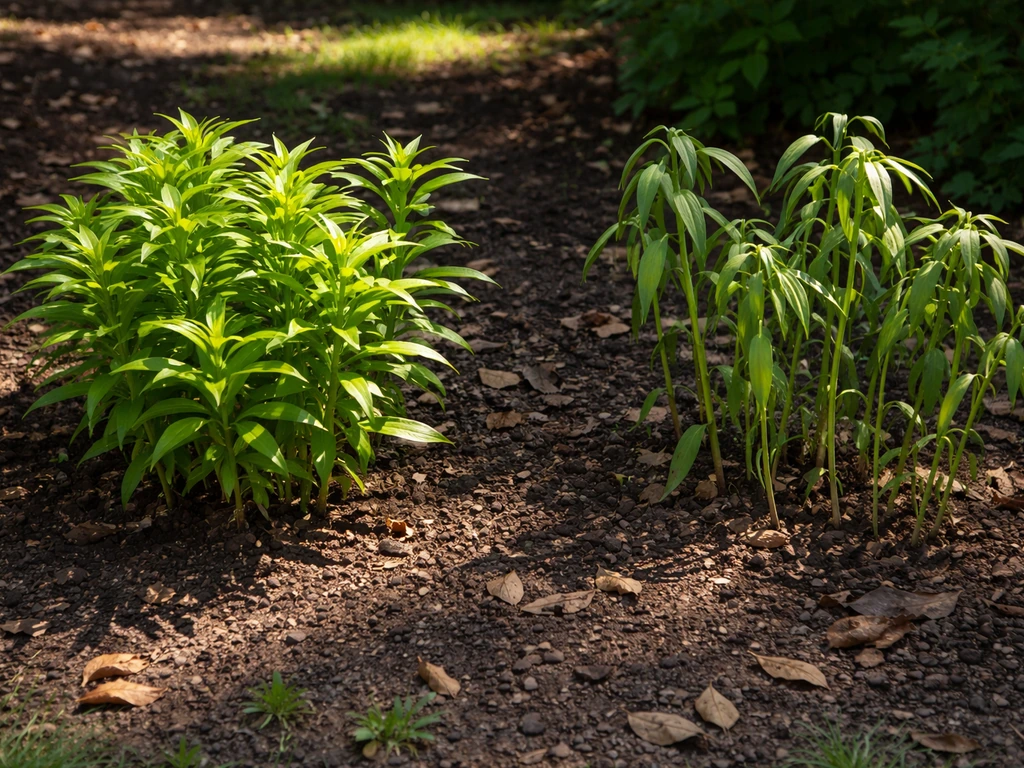 Garden bed with lily plant in bright sun versus another area in shade showing light difference