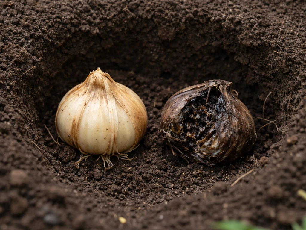 Close-up of a lily bulb in a planting hole with soil scraped back, showing healthy firmness vs rot