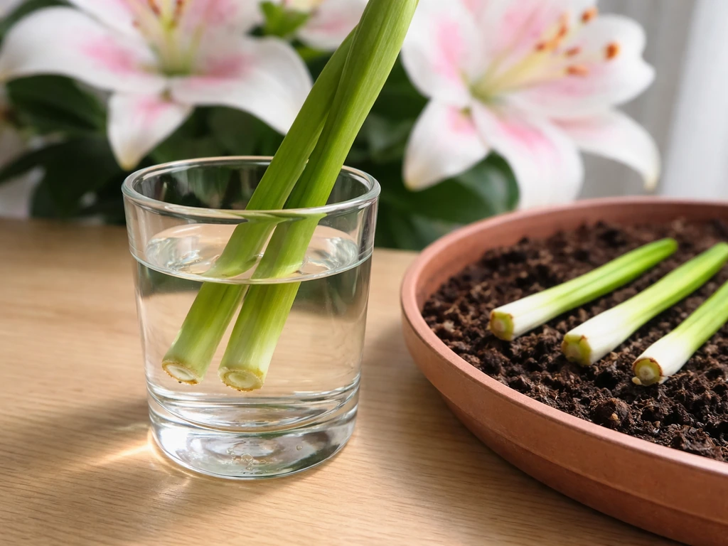 Two cut lily stems in water beside a soil pot, suggesting whether cut lilies can grow roots.