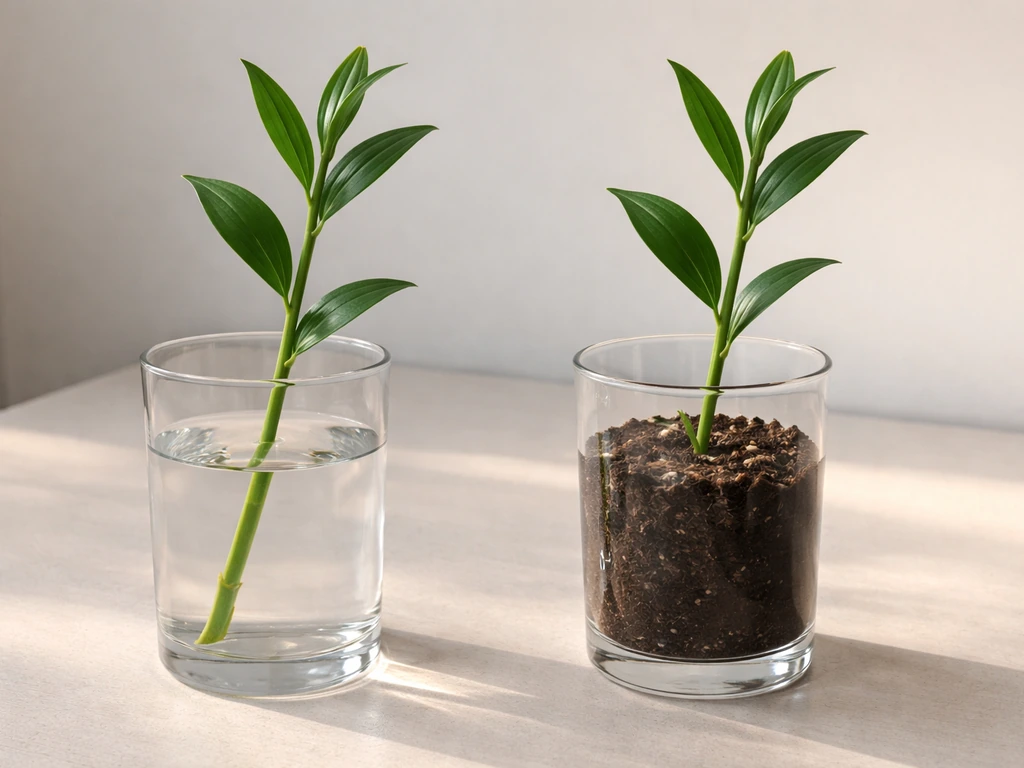 Two cut lily stems—one in water, one in moist soil—set side by side for comparison.