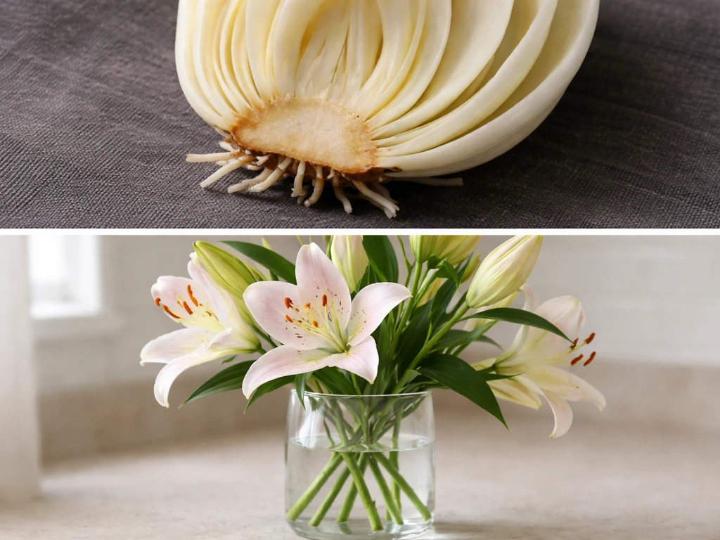 Split photo: true lily bulb scales with basal plate above, and a non-rooting cut lily bouquet below.