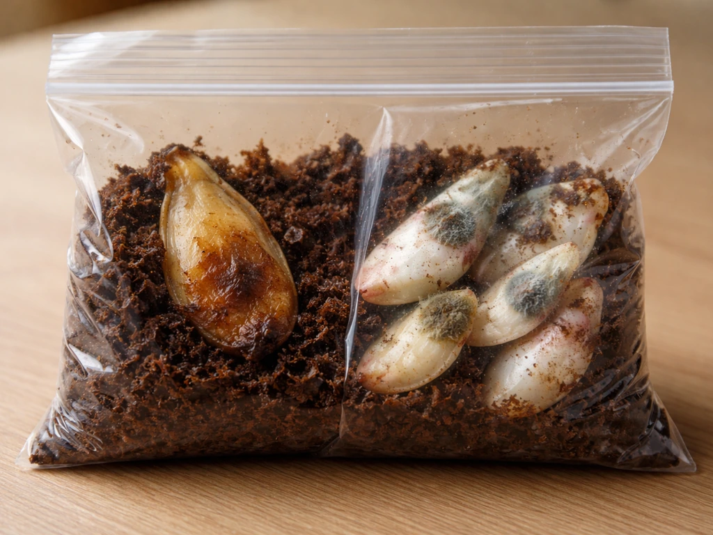 Transparent bag with peat and lily scales showing one mushy browned scale and one moldy area, separated clearly.