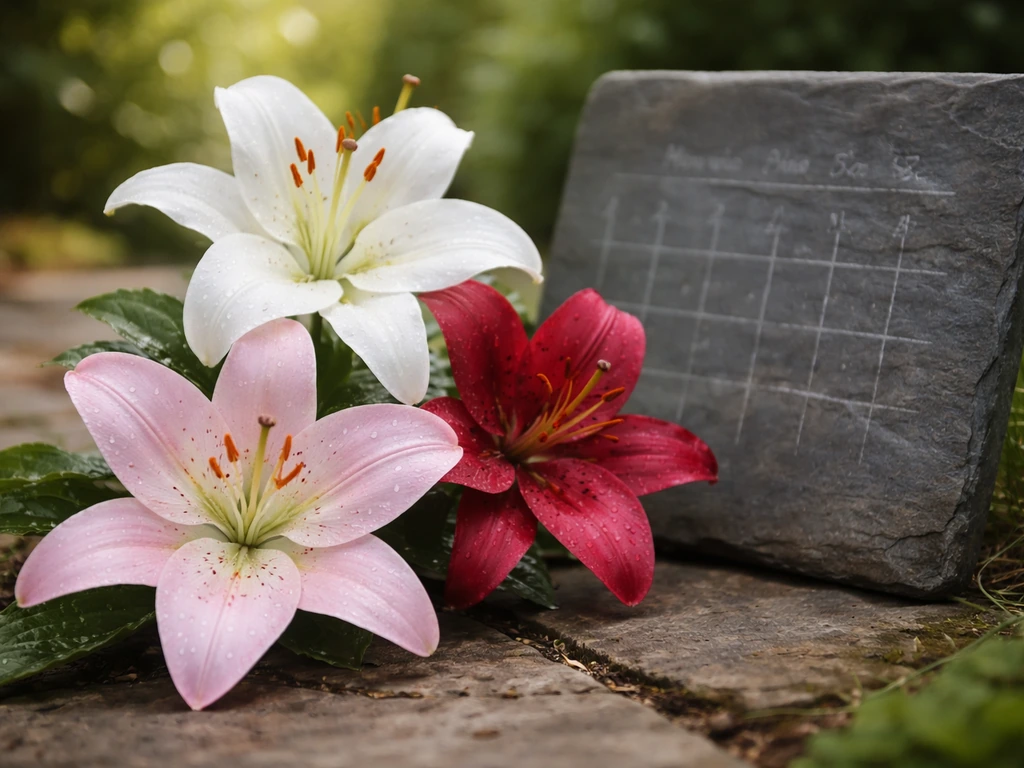 Close-up of colorful lily blooms beside a simple calendar-style garden slate with blurred dates