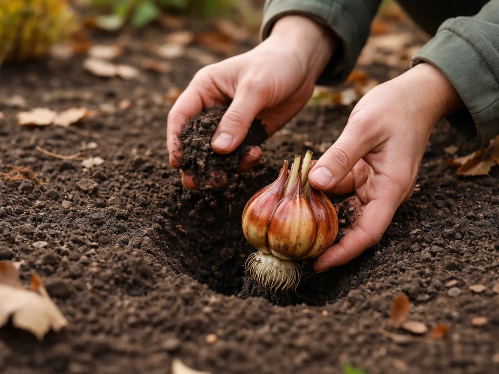 Gardener’s hands placing a true lily bulb into a hole outdoors with soil and compost around it