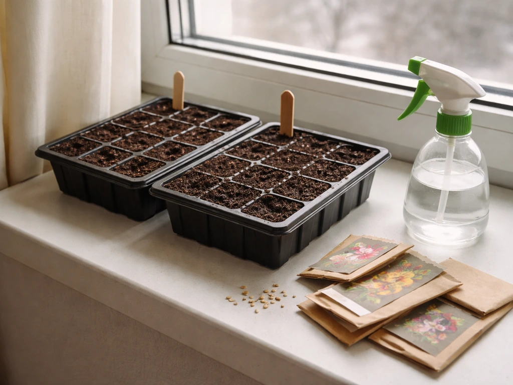Indoor seed-starting setup with lily seeds in a tray on a windowsill in late winter.