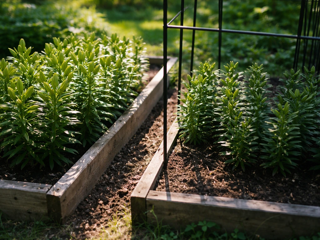 Two lily beds side by side: one in full sun with buds, one in partial shade with fewer blooms.
