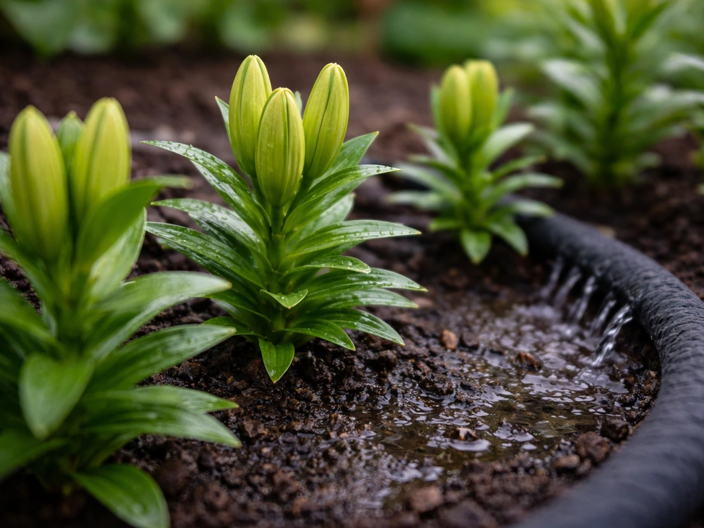 Soaker hose watering a lily bed as fresh buds appear in moist soil, droplets and sheen visible