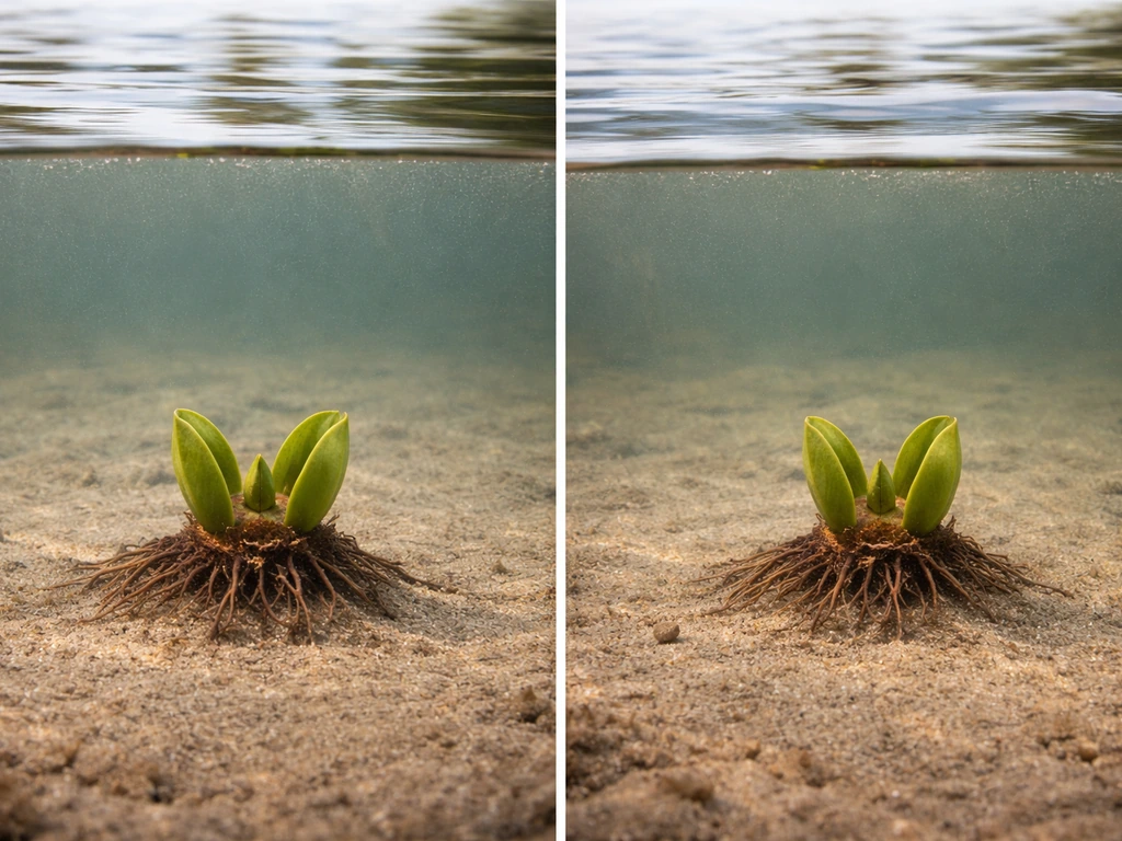 Close-up photo of lily pad crown near waterline with a simple depth reference in frame