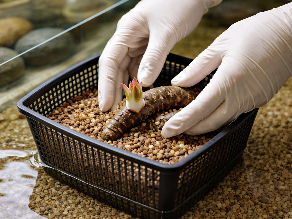 Gloved hands place a water-lily rhizome into an aquatic basket, crown oriented correctly above the insert depth.