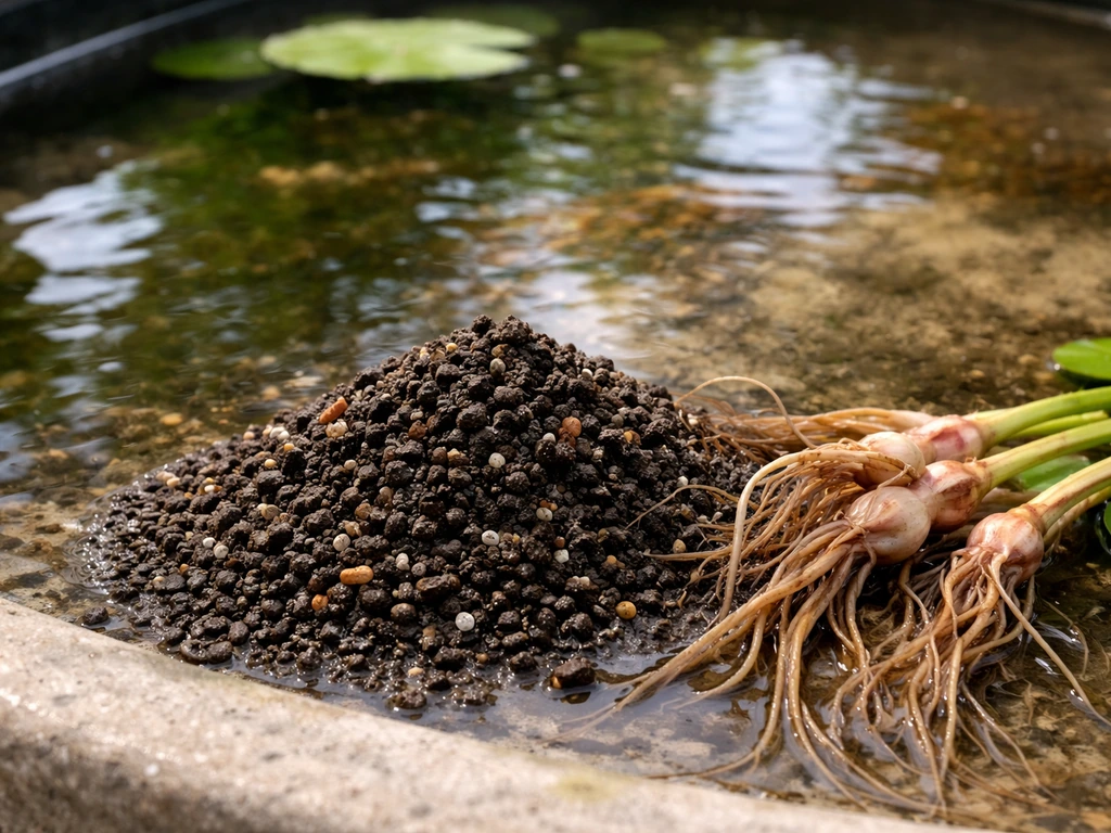 Aquatic planting mix with water lily roots beside clear versus slightly murky water.