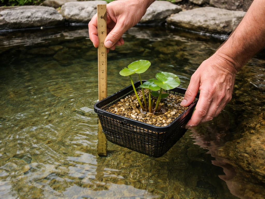 Hand measuring pond depth near a lily pad container, then placing the plant basket at correct depth.