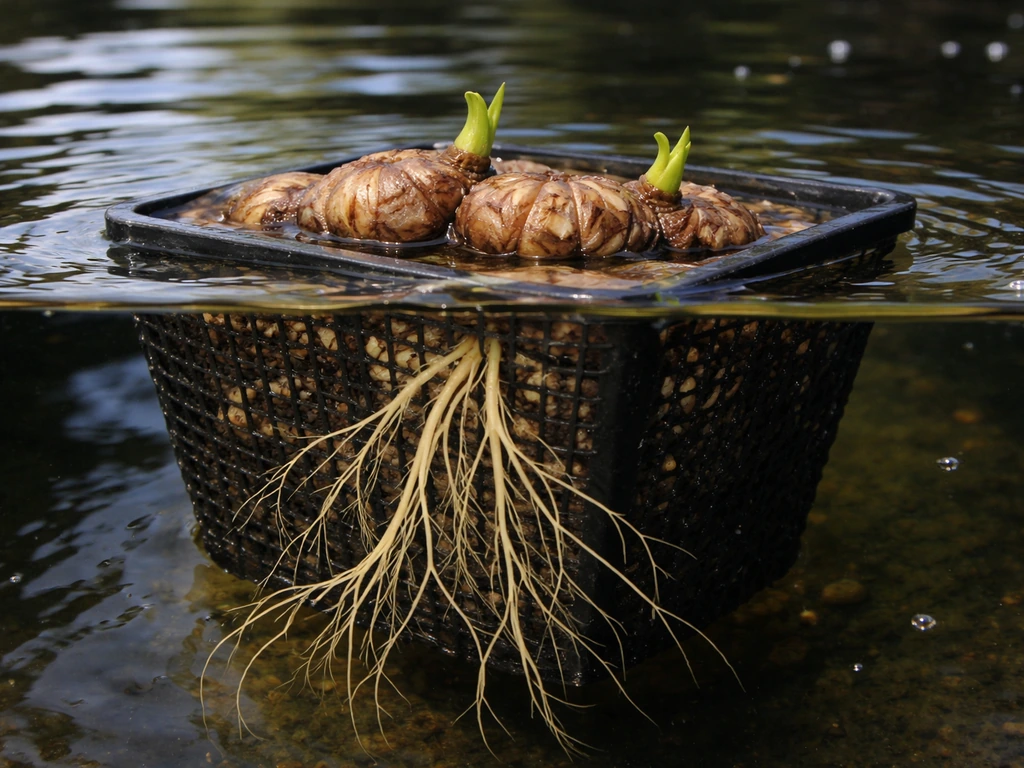 Water lily rhizome in a pond basket with emerging roots and small early shoots at the waterline