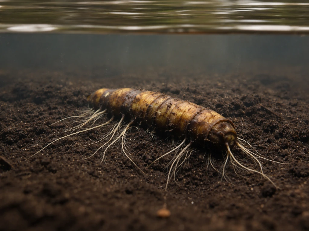 Water lily rhizome resting underwater with roots anchored in a calm pond, no leaf pads yet.