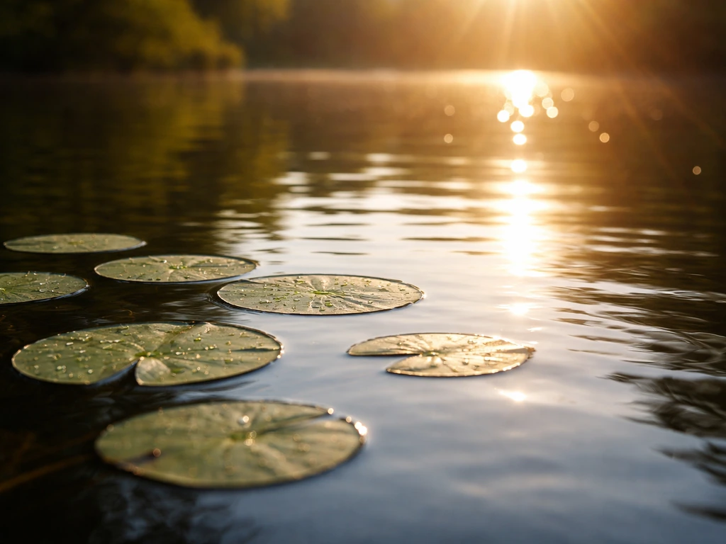 Sunlit pond water with lily pads angled toward direct sun and sparkling reflections on the surface.
