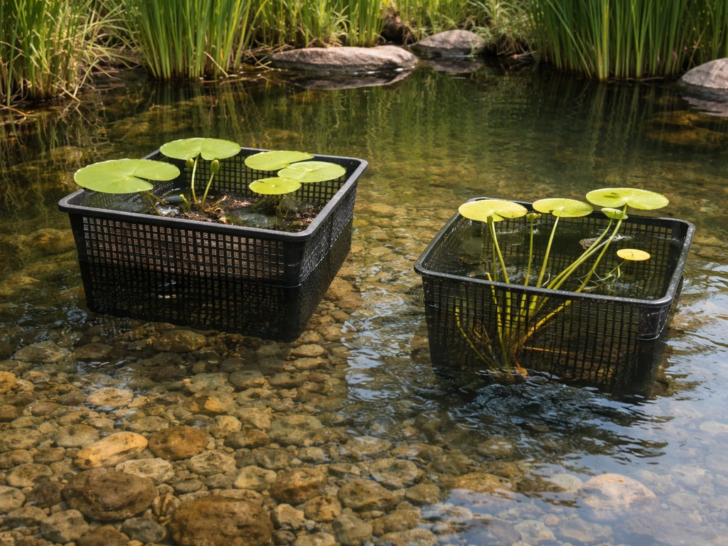 Two water lily baskets in a pond: one at correct depth with pads above, one too deep with pads struggling.