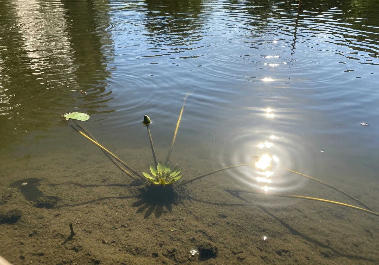Still pond with a water lily planted in muddy soil, no pads visible, showing subtle ripples and sunlit water