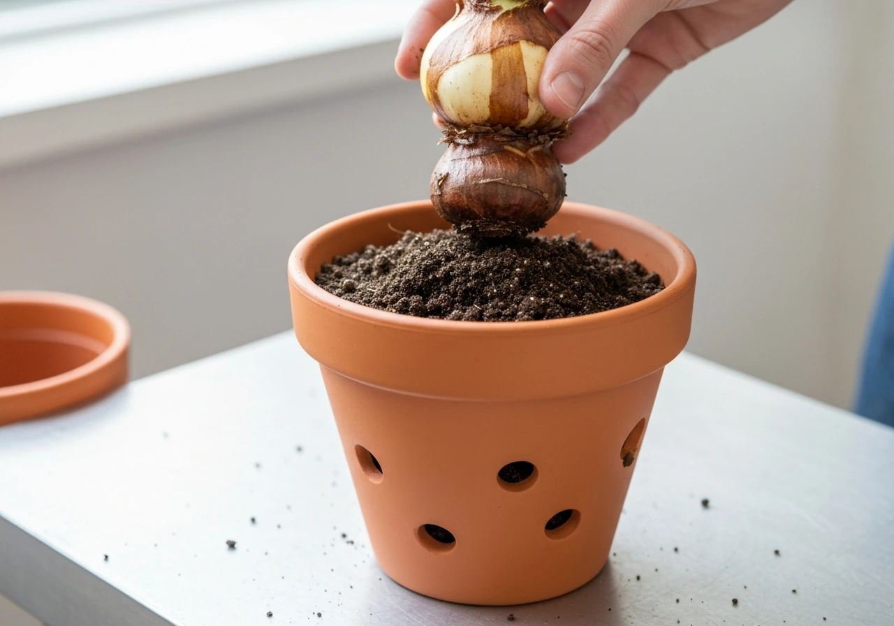 Terracotta lily pot with visible drainage holes and potting mix, lily bulb being planted close-up.