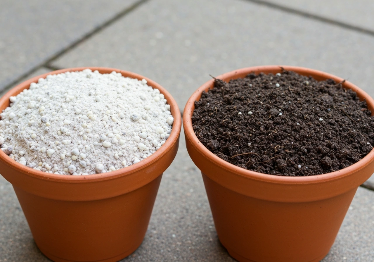 Two pots side-by-side showing fluffy potting mix vs dense compacted garden soil for lilies