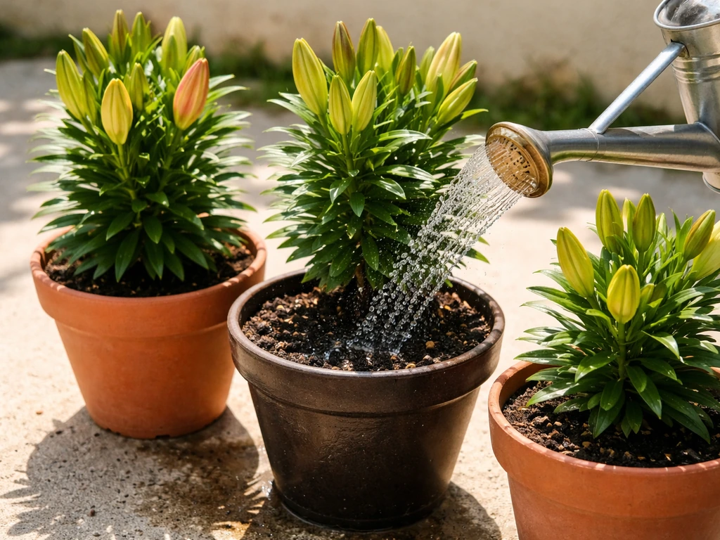 Sunlit potted lilies on a patio as a watering can pours water into the soil level.