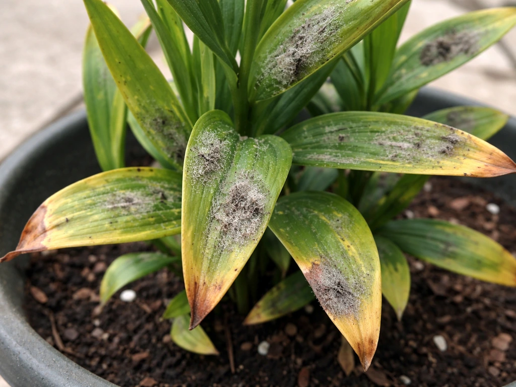Close-up of a potted lily leaf with gray mold patches and leaf spots from Botrytis.