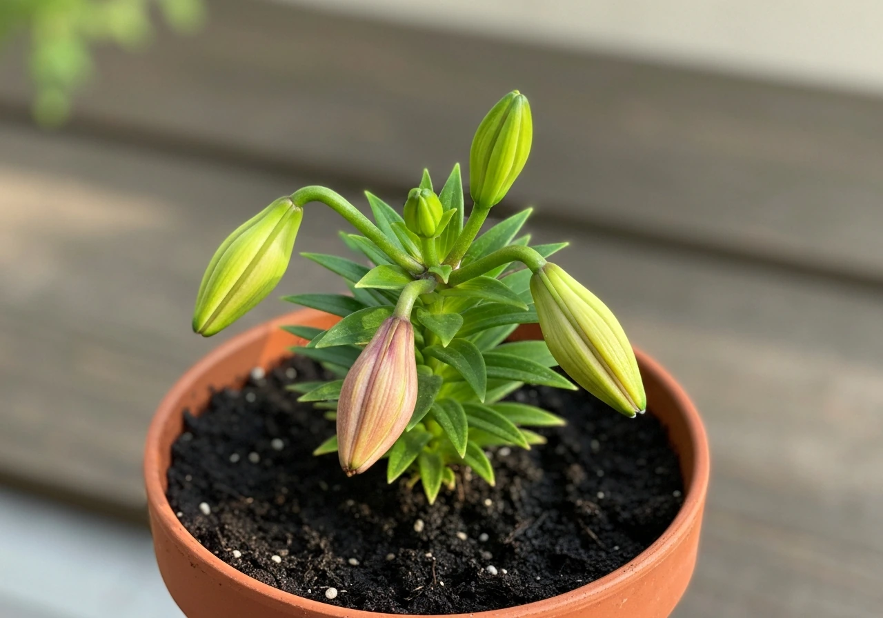 Close-up of a potted lily showing unopened buds drying or dropping before opening.