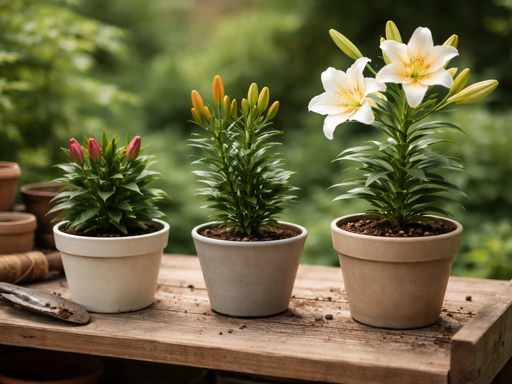 Three potted lily plants of different sizes on a garden bench with blurred background.