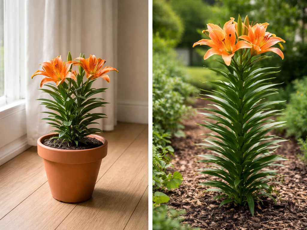 Compact indoor potted lily beside a taller outdoor lily in garden soil, showing restricted growth indoors.