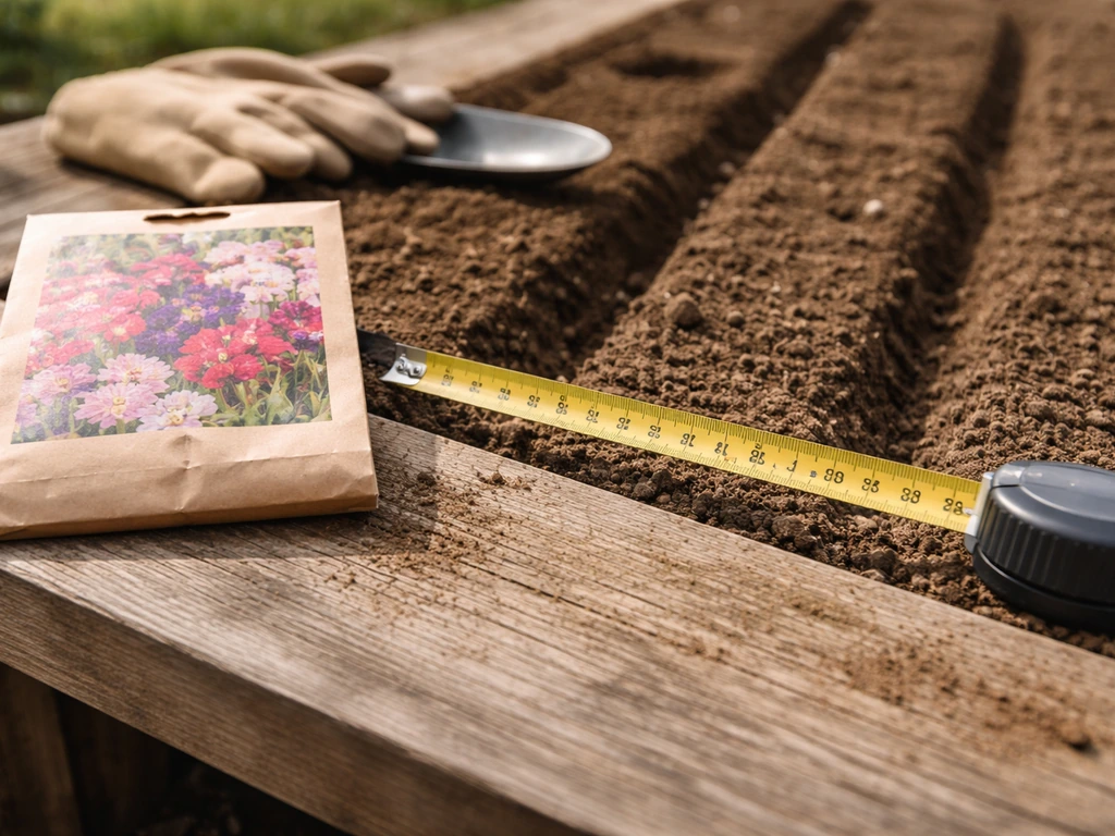 Ruler measuring a garden bed beside an unlabeled bulb package, symbolizing estimating lily size.