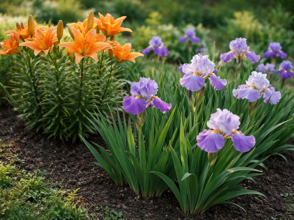 Mixed border of blooming lilies and irises growing together in a natural garden bed
