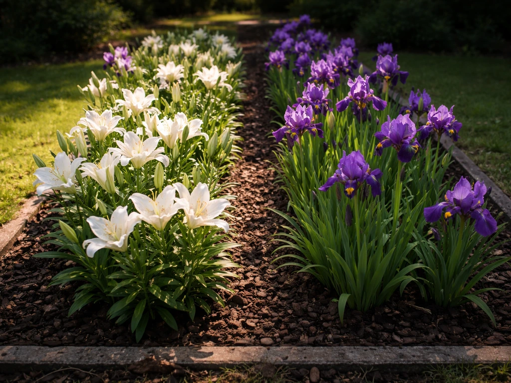 Garden bed with lilies and irises where sunlit and shaded areas clearly match for placement.