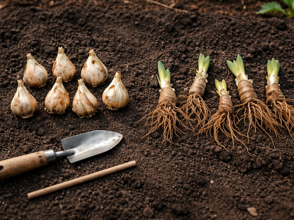 Garden planting setup with lily bulbs and iris rhizomes staged side-by-side for correct depth and spacing.