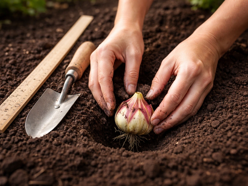 Hands placing a lily bulb deep in soil, with a plain yardstick nearby as a depth reference.