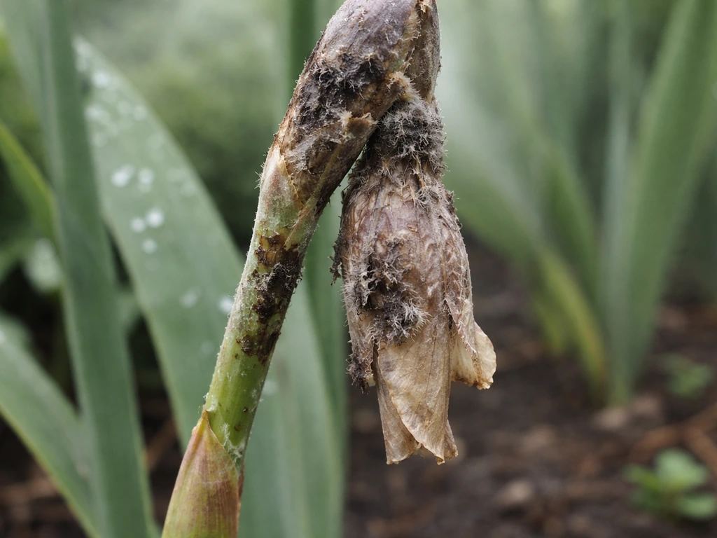Humid garden close-up of lily-iris flower bud and stem with fuzzy gray mold and dark rot patches.