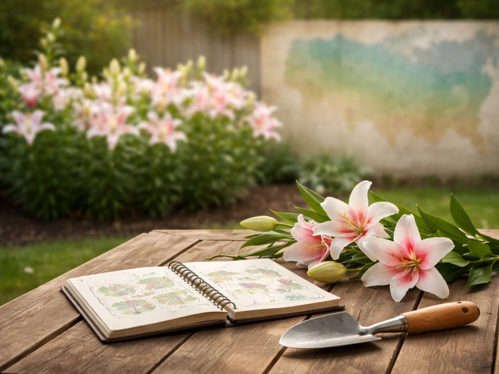 Lily blooms on a backyard patio table with a blurred USDA zone-map concept in the background.