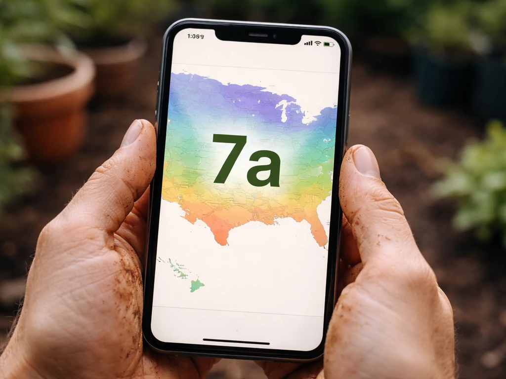Close-up of a gardener using a phone showing a USDA hardiness zone result screen with a visible zone number