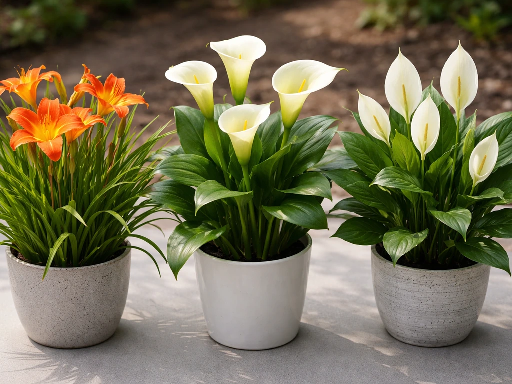 Three different lily-like plants—daylily, calla lily, and peace lily—side by side in natural light.