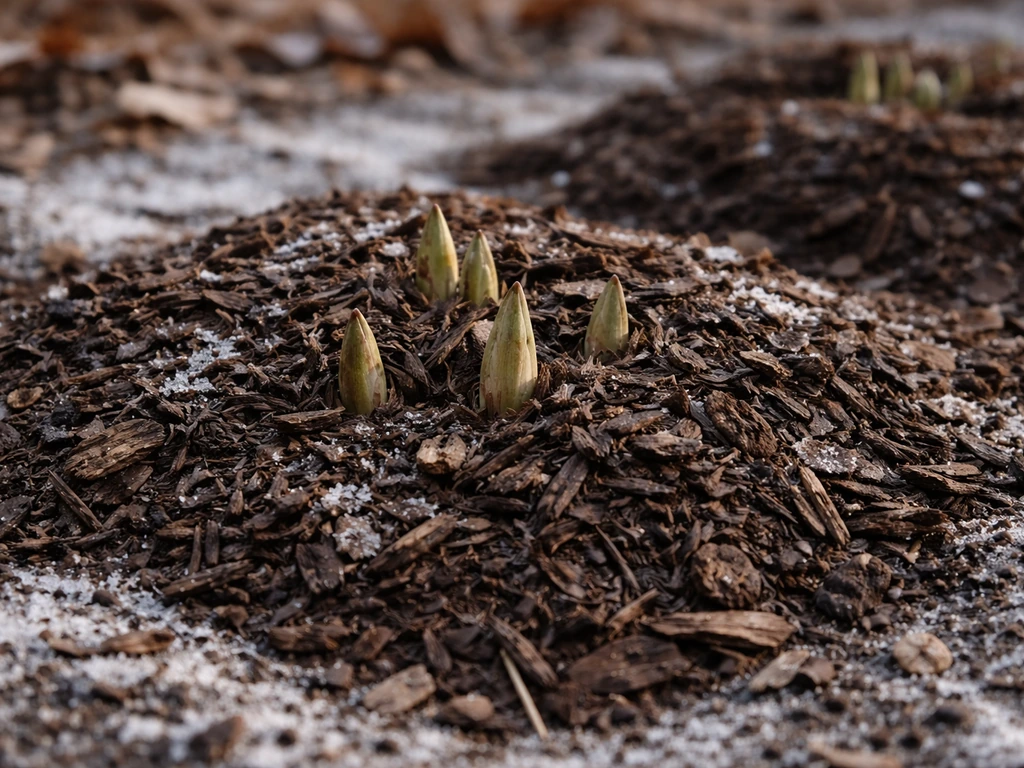 Close-up of thick mulch piled around lily stems after the ground freezes for winter protection.