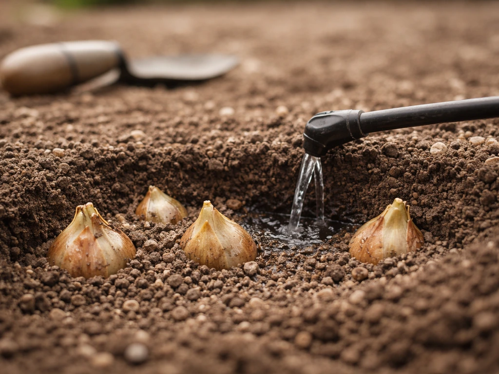 Close-up of lily bulbs being planted in loose, well-draining soil with watering at the base.