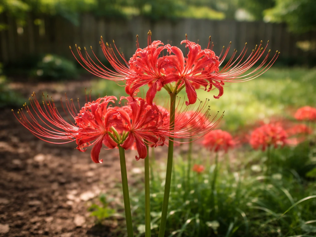 Vivid red spider lilies blooming in an American backyard garden with a single dominant cluster.
