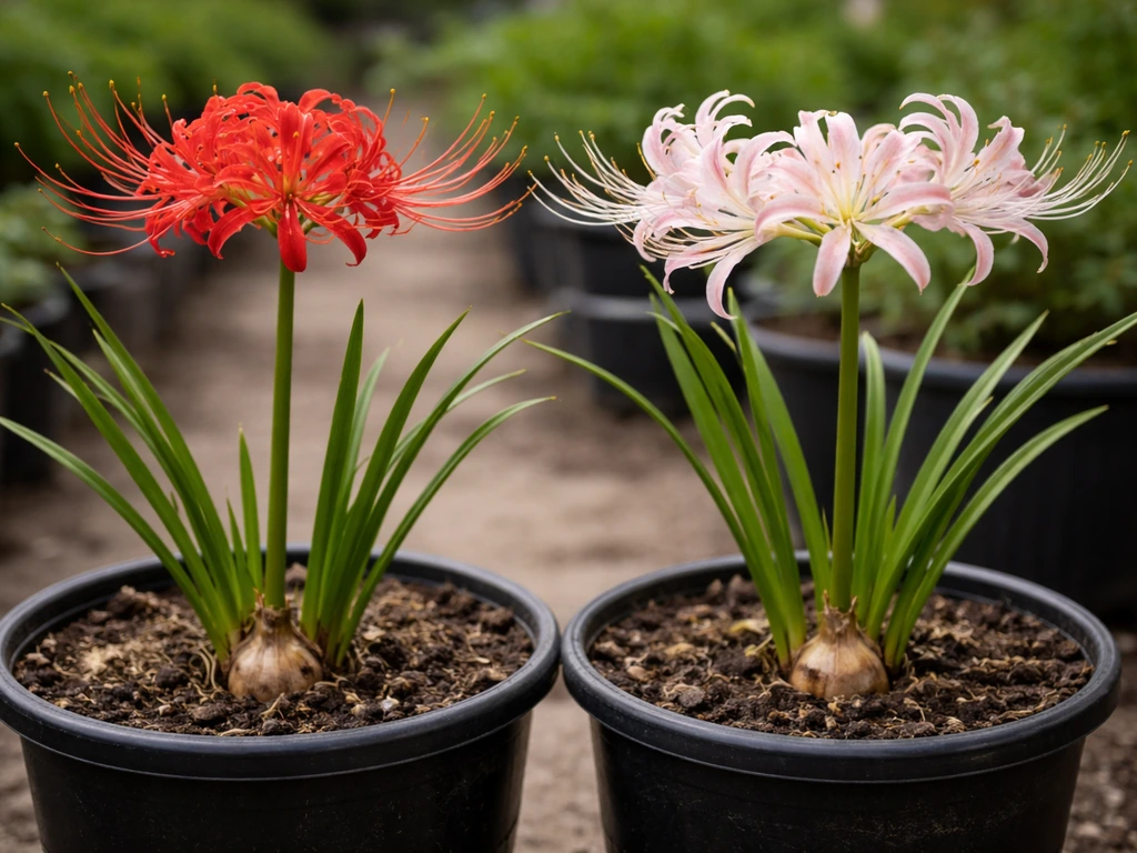 Close-up of red Lycoris radiata bulb and leaves beside a lighter spider lily lookalike in a nursery