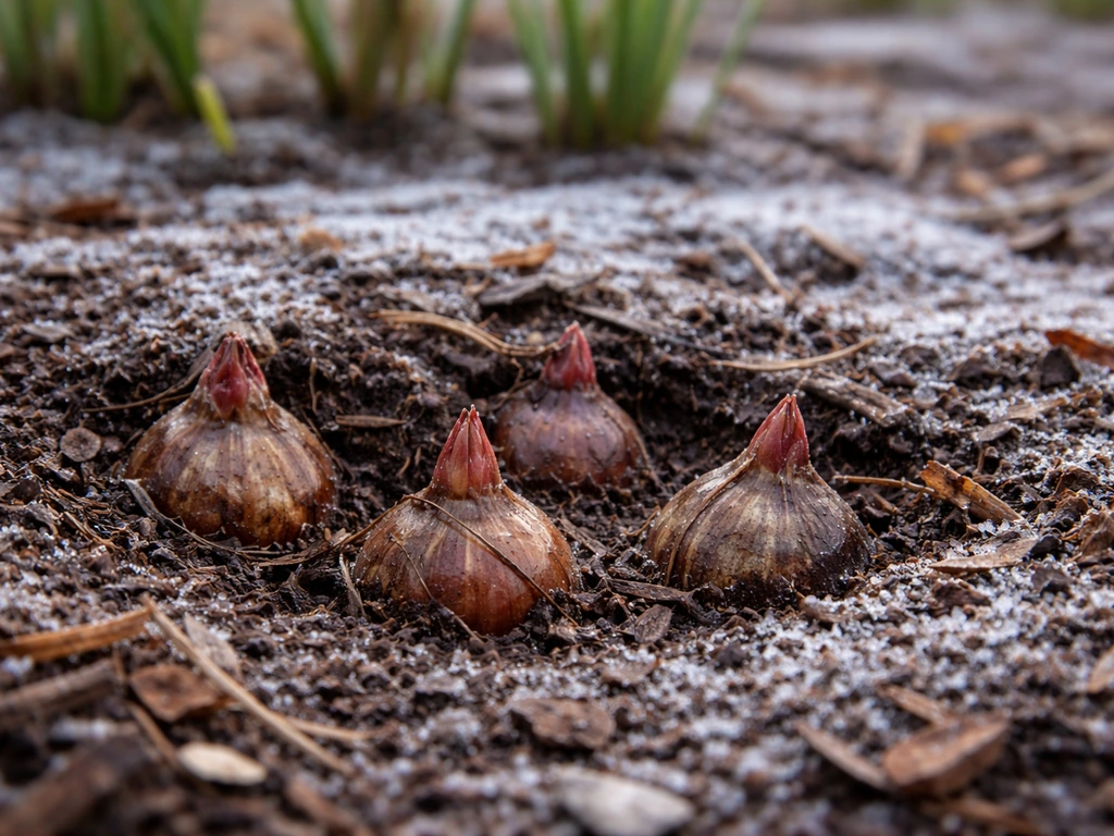 Dormant red spider lily bulbs in frosty soil, hinting at winter chill before blooming.