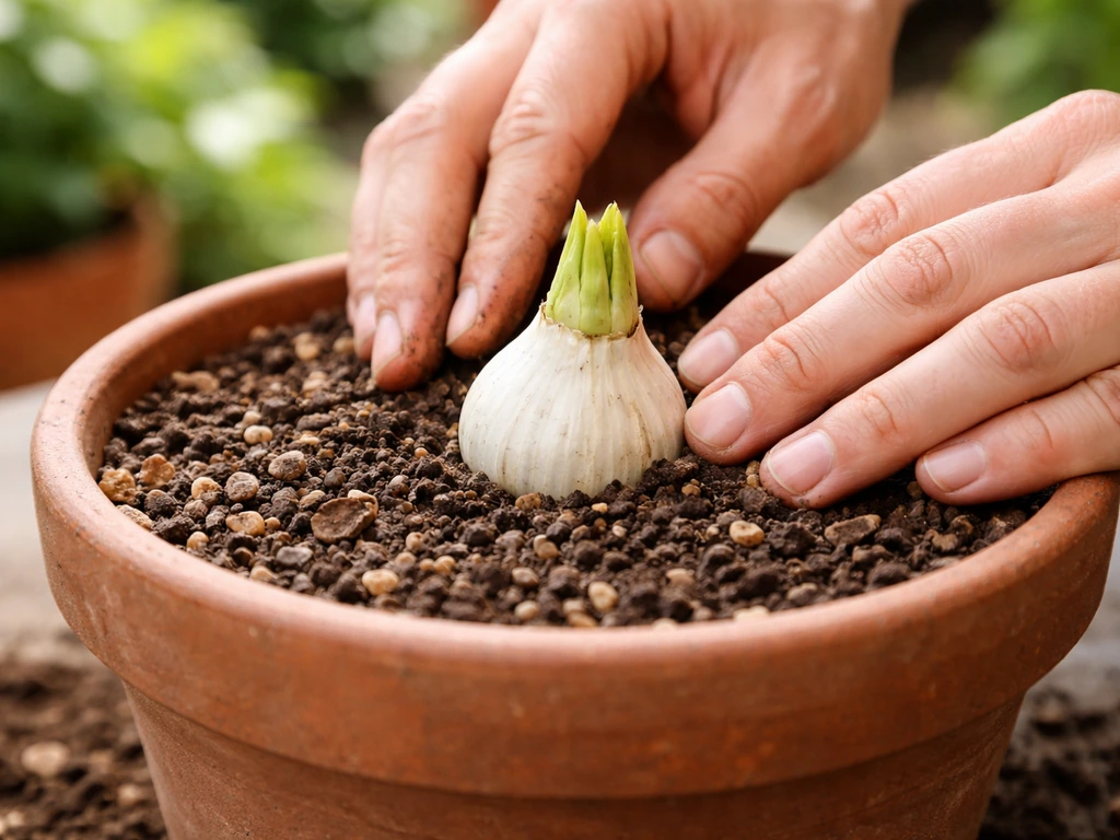 Close-up of hands planting a bulb in a pot with the bulb neck at the soil surface outdoors.